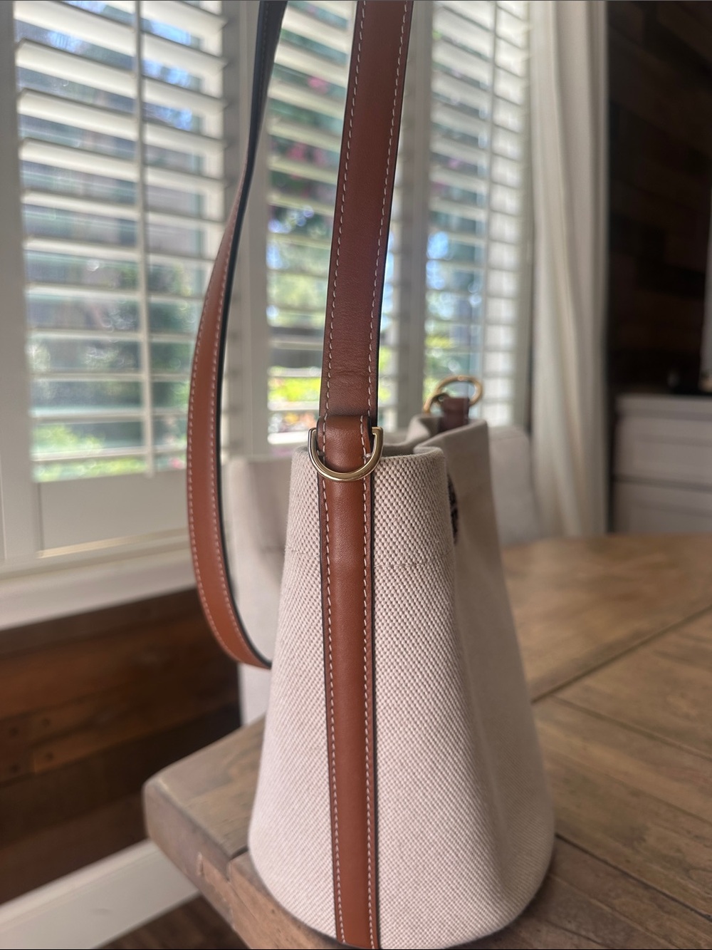 Tory Burch Light Beige Canvas Bucket Bag with Brown Leather Trim - Picture 6 of 10
